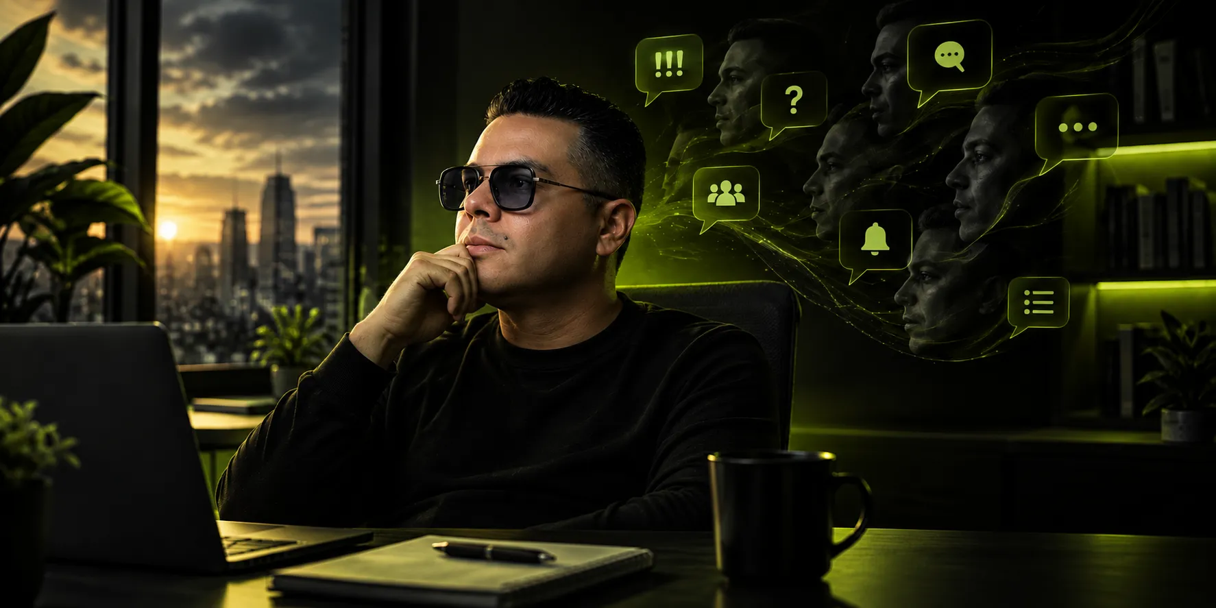 Retrato conceptual de Juan Maldonado reflexionando entre opiniones y notificaciones