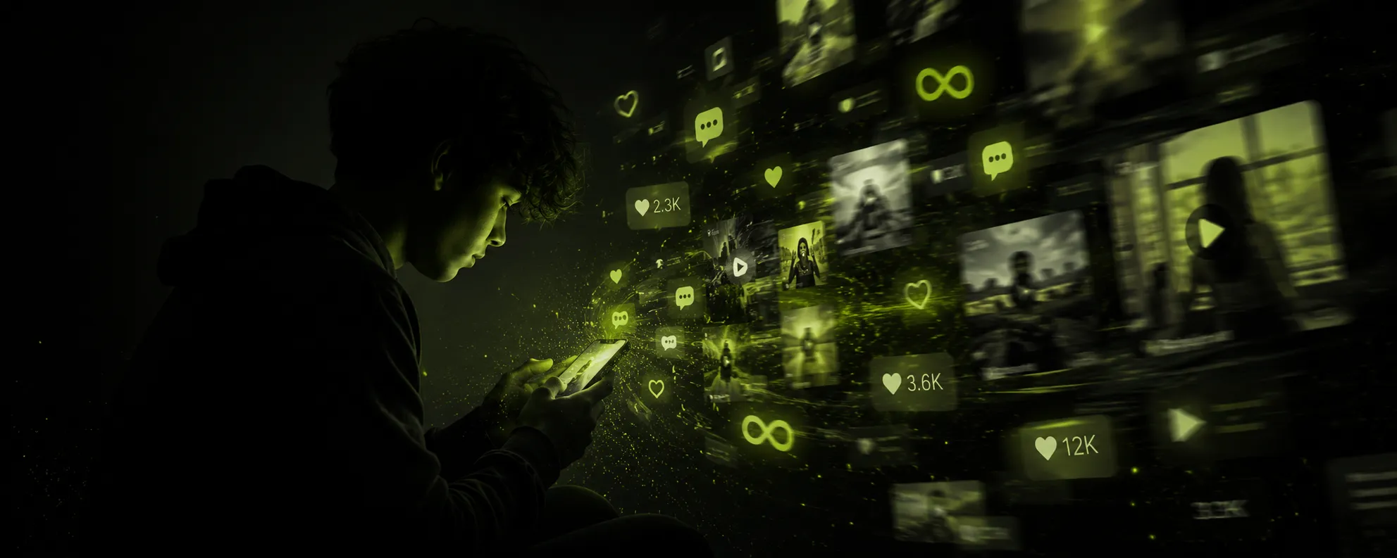 Ilustración de una persona absorta por la luz de su teléfono móvil